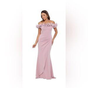 NWT XSCAPE Women's Scuba Cutout Detail Ruffled Fit & Flare Gown Rose Size 14